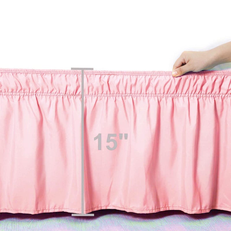 PiccoCasa Bed Skirt Wrap Around Bedskirt Three Fabric Sides Elastic Dust Ruffle, Easy Fit - with 15 Inch Drop Twin Pink - Image 3